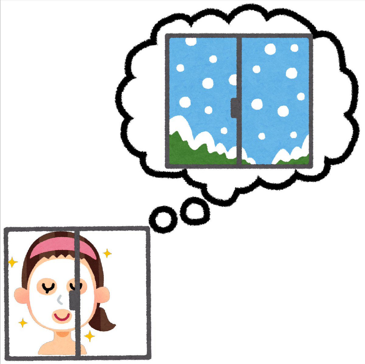 O Xrhsths まいチクをいらすとやで再現 Sto Twitter 再現難易度 使ったイラスト 4枚 ふきだしのイラスト 窓の外の天気のイラスト 雪 窓枠 フェイスパックをしている女性のイラスト 美容 まいにちチクショー