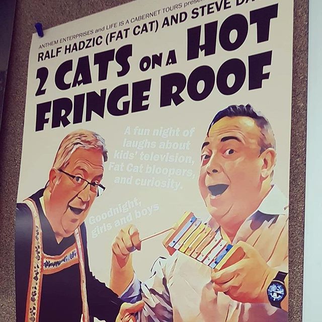 funnyaboutthat's tweet photo. We were on #Radio #Adelaide today and lo and behold our @ADLfringe #poster has turned up in the studios. Thank you all. Hope to see you at #2CatsOnAHotFringeRoof https://t.co/drssMYV9Tl https://t.co/c5jGtDTRvF