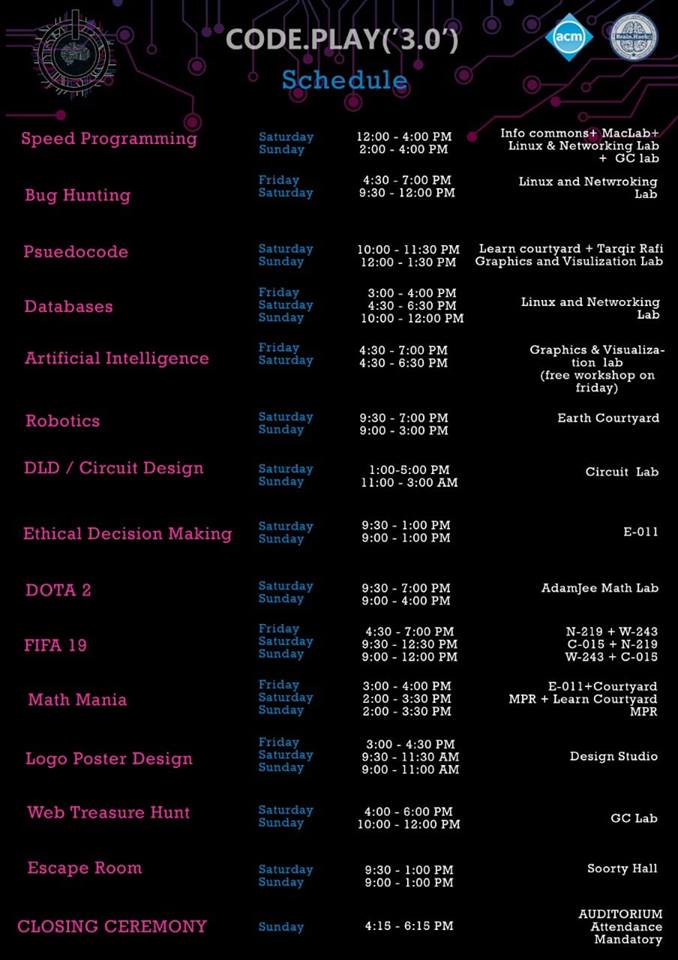 CodePlay18's tweet image. ATTENTION 📢 This is the updated and final schedule for Code Play(&apos;3.0&apos;)!
#CodePlay #BiggerThanEver