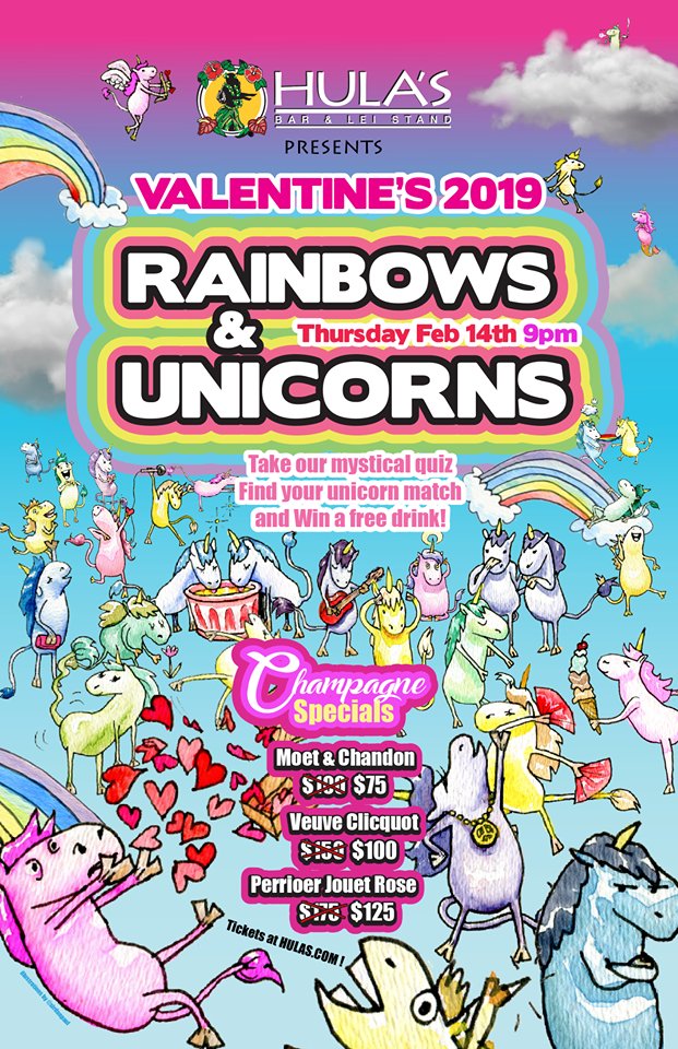 Hula's very special Valentine's Day event RAINBOWS & UNICORNS is coming up! Join us next THURSDAY beginning at 9pm for a chance to earn yourself a FREE drink!!
.
.
#VDayinParadise #lgbt #FindYourMatch #LookingForLove #nightlifewaikiki #nightlifeoahu