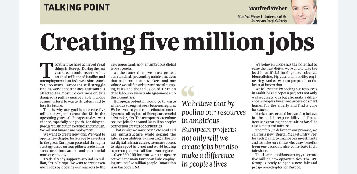 'We want to open a new chapter for #Europe 🇪🇺 through a strategy based on 4 pillars: #trade, #infrastructure, #innovation and our #socialmarketeconomy.'

@EPPGroup @DavidCasaMEP @RobertaMetsola
@FrancisZD #AmbitiousEurope

Read @ManfredWeber's Talking Point on @TheTimesofMalta 👇