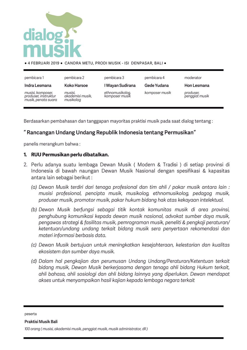 Stlh berdiskusi dgn beberapa praktisi musik di ISI Denpasar Bali terkait permasalahan RUU Permusikan, kami panelis dialog berkenan menyampaikan rangkuman hasil diskusi dan memberikan bbrp sumbangan pemikiran / rekomendasi strategi yg kiranya dpt bermanfaat untuk musik Indonesia :
