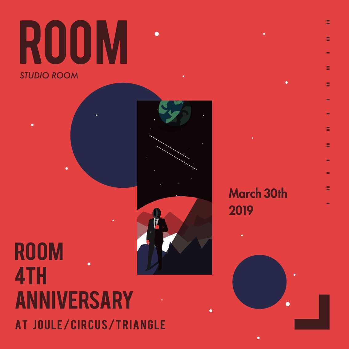 MeMentoMeMoria's tweet photo. -ROOM 4th Anniversary-

JOULE,CIRCUS,TRIANGLEにて合同同時開催！！かつてない規模でROOM四周年祝いましょう。

3/30の夜は空けておいてください！ https://t.co/UrhNDeBReK