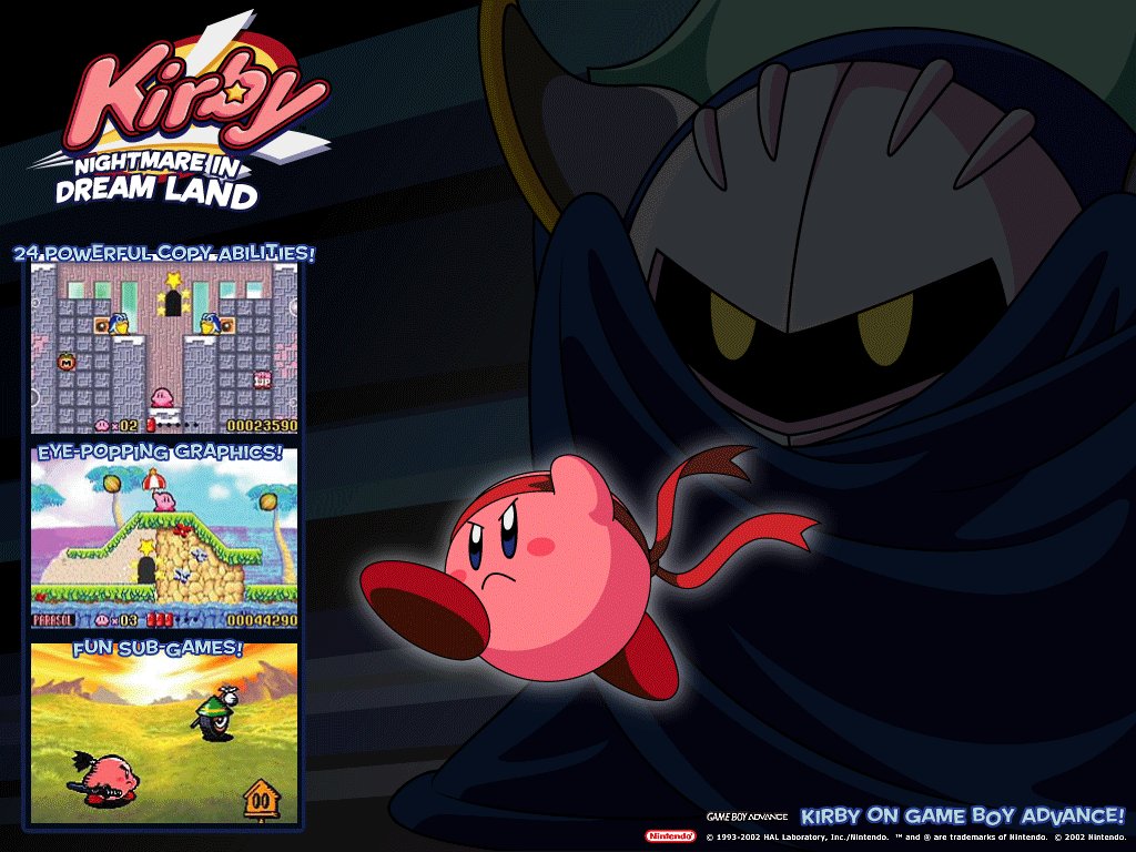 RetroGameGeeks's tweet photo. KIRBY - NIGHTMARE IN DREAM LAND: Here's some promo advertising for the 2002 GBA remake of the legendary 1993 NES game. With redrawn graphics, more gameplay modes including mini-games &amp; co-op multiplayer it's an absolute stunner #retrogaming #Nintendo #Kirby #GameBoy #NES #gaming https://t.co/kJnNb2Q66F