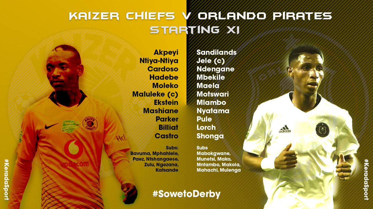 KeradaSport's tweet photo. #AbsaPrem Starting XI for the #SowetoDerby

@KaizerChiefs giving their new Goalkeeper a chance to become a cult hero on debut, while @orlandopirates will be looking to extend their unbeaten run against the #GlamourBoy.

#HailTheChief #OnceAlways #Chiefs #Pirates #Soweto #PSL https://t.co/pzhiz91Kh3