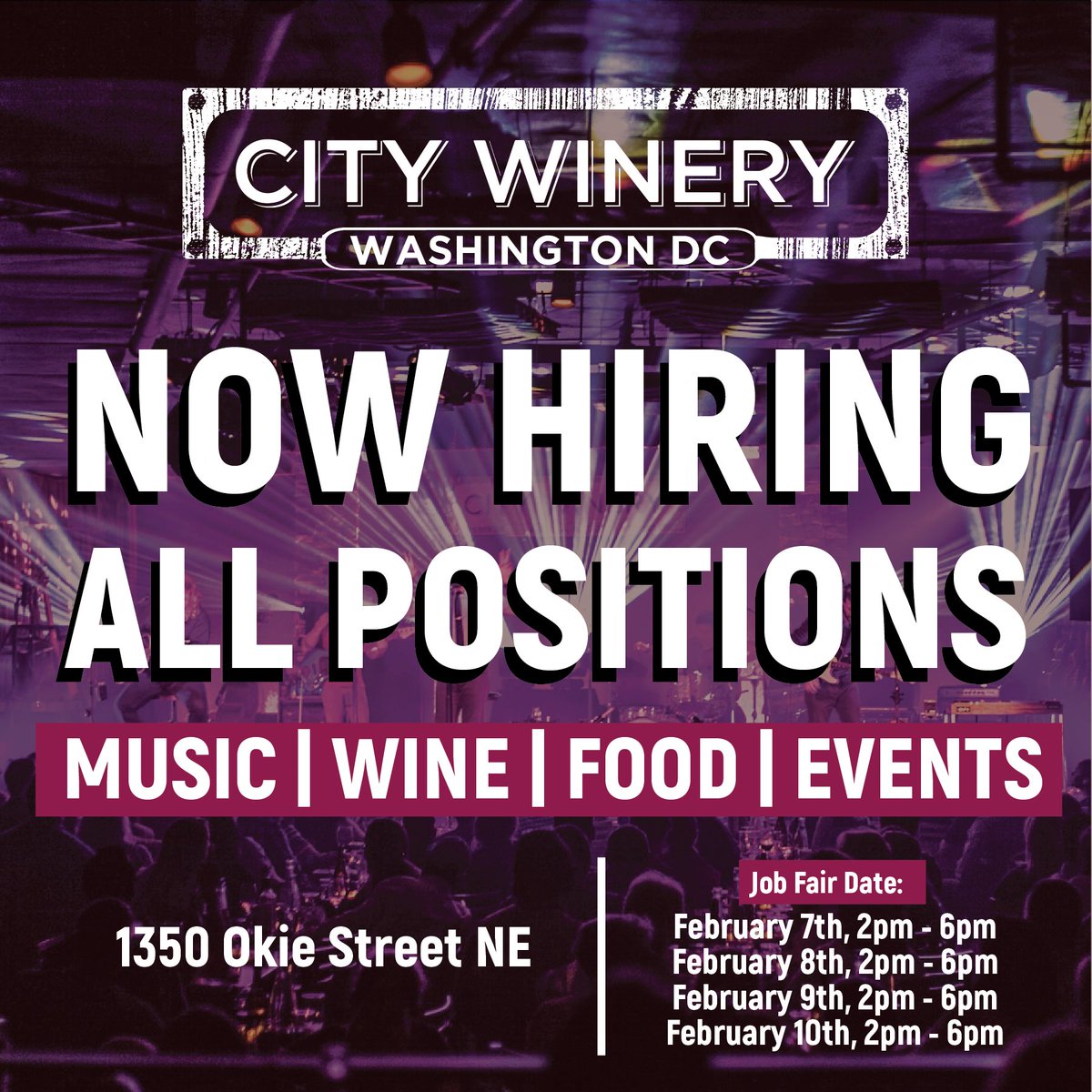 CityWineryDC's tweet photo. Looking to join a team of passionate professionals with a shared love of music, wine, food, and events? Job Fairs are coming up at #citywinerydc! Bring your resume to apply in person 2/7 - 2/10. See you soon! 

#dcjobs #hiring #dchiring #dcjobfair #dcrecruiting #serviceindustry https://t.co/T1VlLC9TQv