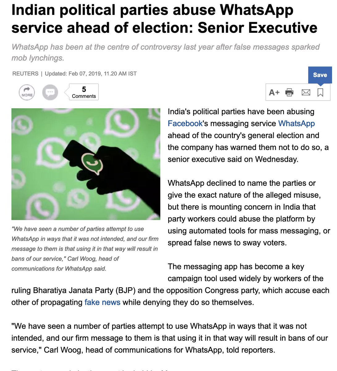 #WhatsApp admission of misuse of its platform by political parties is a big threat to #Elections2019.As per #CASC notice, #ElectionCommission must ensure registration of all such groups and suspension during silence period, i.e. 48 hours before #Voting #Megaphone #ElectionReforms