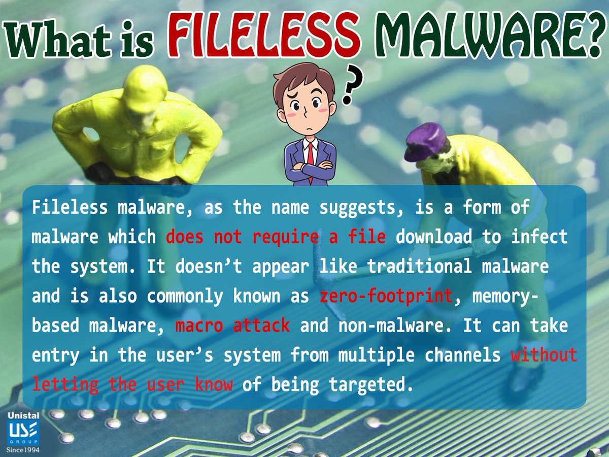 UnistalGlobal's tweet image. Do You Know, What is a #FilelessMalware ....??

Know More about this malicious Malware and How to protect your system from it..!!

Download Protection - protegent360.com/protegent-comp……

#CyberSecurity #CyberSafety #CyberAwareness #Infographic