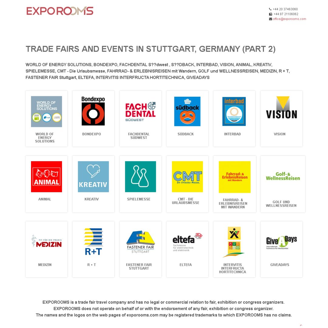 ExpoRooms's tweet photo. Trade Fairs and Events in #Stuttgart, ... #Animal #Bond #Cmtdieurlaubs #Eltefa #Erlebnisreisen #Event #Exhibition #Exporooms #Fachdental #Fahrrad #Fair #Fastener #Giveadays #Golf #Hortitechnica #Interbad #Interfructa #Intervitis #Kreativ #Medizin #Rt https://t.co/m4WJRXO1jg https://t.co/xjwjzv969H