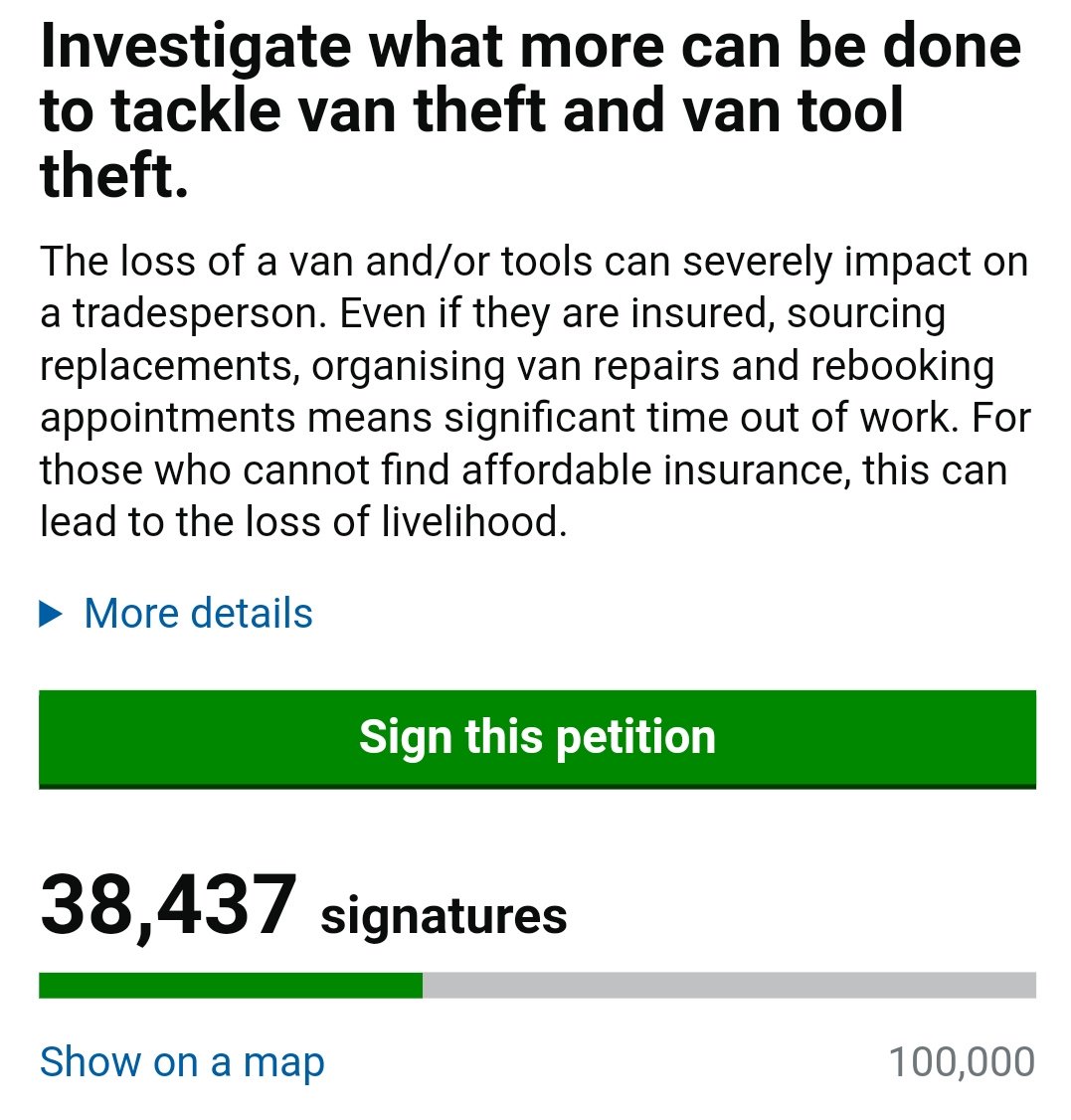 Amazed that this petition is only at 38,437 when we are still hearing of so many break ins PER DAY. 

We have until the 1st of May to get another 61,563 signatures. Don't give up yet! 

Keep sharing... petition.parliament.uk/petitions/2311…

#noVANber