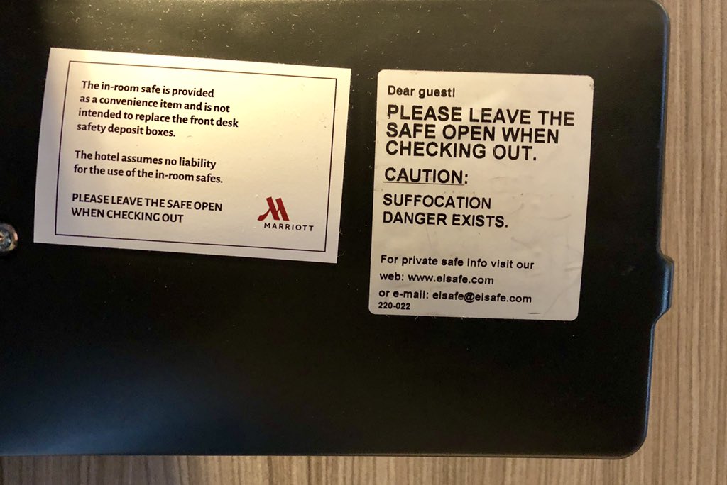 katyemcgregor's tweet image. Huh. Who knew a hotel safe — in which a laptop won’t even fit — could suffocate you! The things you learn on the road... #SignageHumor #AVtweeps #ISE2019