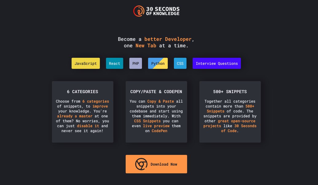 microsiervos's tweet photo. 30 Seconds of Knowledge es una extensión para Chrome que muestra un consejo de programación cada vez que se abre una pestaña nueva; para aprender paso a paso. A elegir: JavaScript, React, PHP, Python y CSS https://t.co/yNYwBw1f32 https://t.co/tjjWNqkW0h