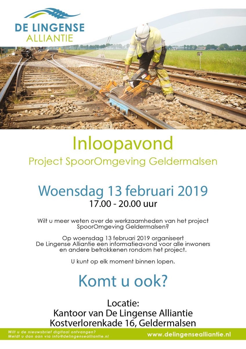 Meer weten over de werkzaamheden van De Lingense Alliantie? Kom naar onze inloopavond op wo 13 februari! wwe.delingensealliantie.nl #spoorproject #tricht #werkenindebouw #onderdoorgang #spooromgevinggeldermalsen <a href="/ProRail/">ProRail</a> <a href="/DuraVermeer/">Dura Vermeer</a> <a href="/MobilisTBIinfra/">Mobilis TBI</a>