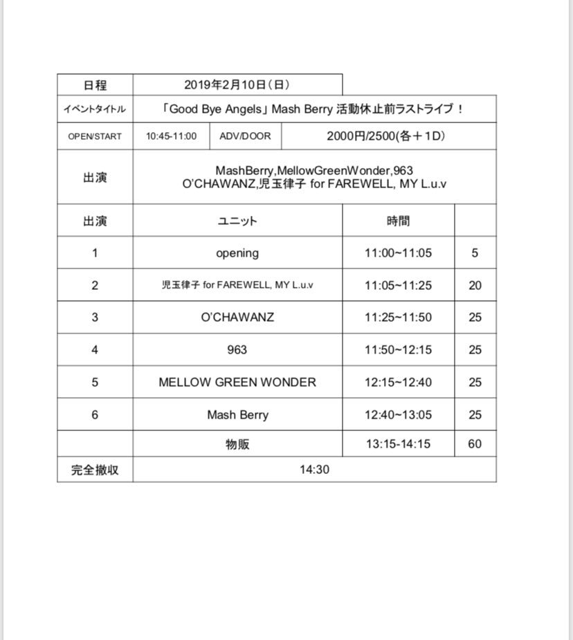 mashberrynow's tweet photo. 明日でさよなら〜🙋🏻‍♀️

2.10(日)は
「Good bye Angels」
Mash Berry 活動休止前ラストライブ！
大塚Hearts ＋
開場10:45 開演11:00
前売¥2000 ＋D 当日   ¥2500 ＋D
出演 MashBerry,MellowGreenWonder,963
O’CHAWANZ,児玉律子 for FAREWELL, MY L.u.v

Tシャツ3000円！
全曲CD！
ご予約はDMで https://t.co/DcoagHbw9O