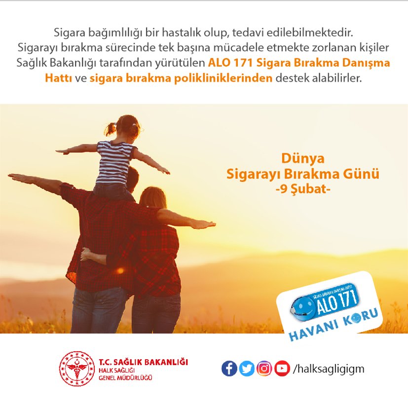 halksagligigm's tweet image. Sigara bağımlılığı bir hastalık olup, tedavi edilebilmektedir. Alo 171 Sigara Bırakma Danışma Hattımız destek olmak için sizleri bekliyor.
#9ŞubatDünyaSigarayıBırakmaGünü
#HavanıKoru 
alo171.saglik.gov.tr
havanikoru.saglik.gov.tr