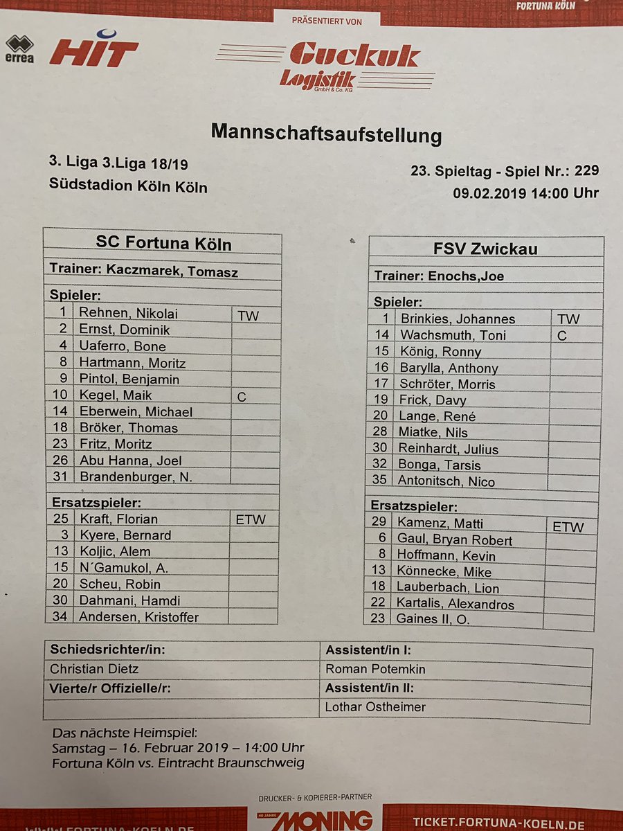 FSVZwickau's tweet photo. Vor dem Spiel #FORFSV: Mit einer Veränderung im Vergleich zum Spiel gegen Braunschweig geht der FSV heute in die Partie bei @fortuna_koeln https://t.co/EvovE4vBBh