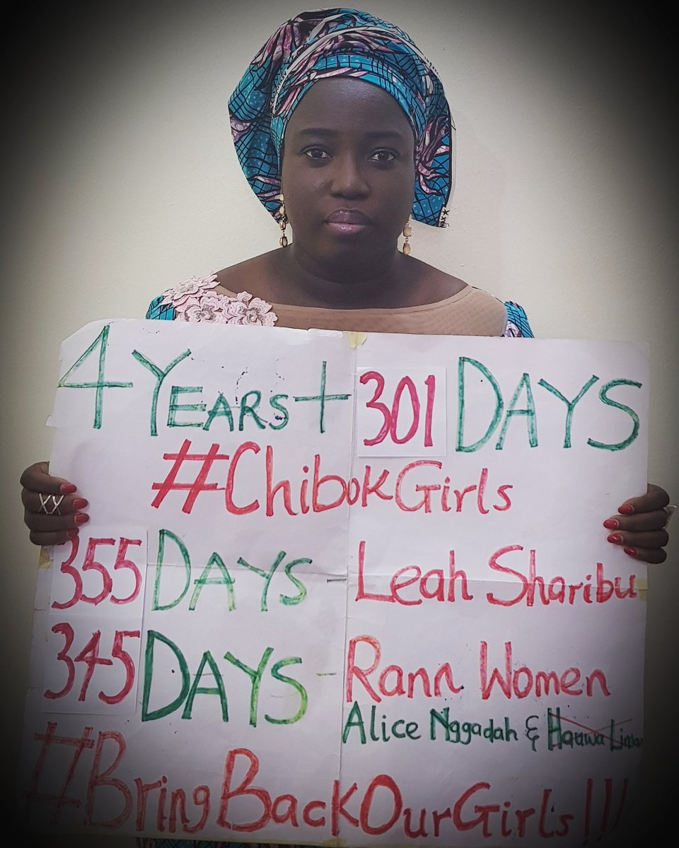BukkyShonibare's tweet photo. 1,762 days of #ChibokGirls' abduction (112 remaining)

355 days of Leah Sharibu's abduction

345 days of Alice L. Nggadah's abduction (humanitarian aid worker with UNICEF)

#BringBackOurGirls

@MBuhari @ProfOsinbajo @HQNigerianArmy @AsoRock @nassnigeria @bukolasaraki @YakubDogara https://t.co/Y5ueEdNyEA