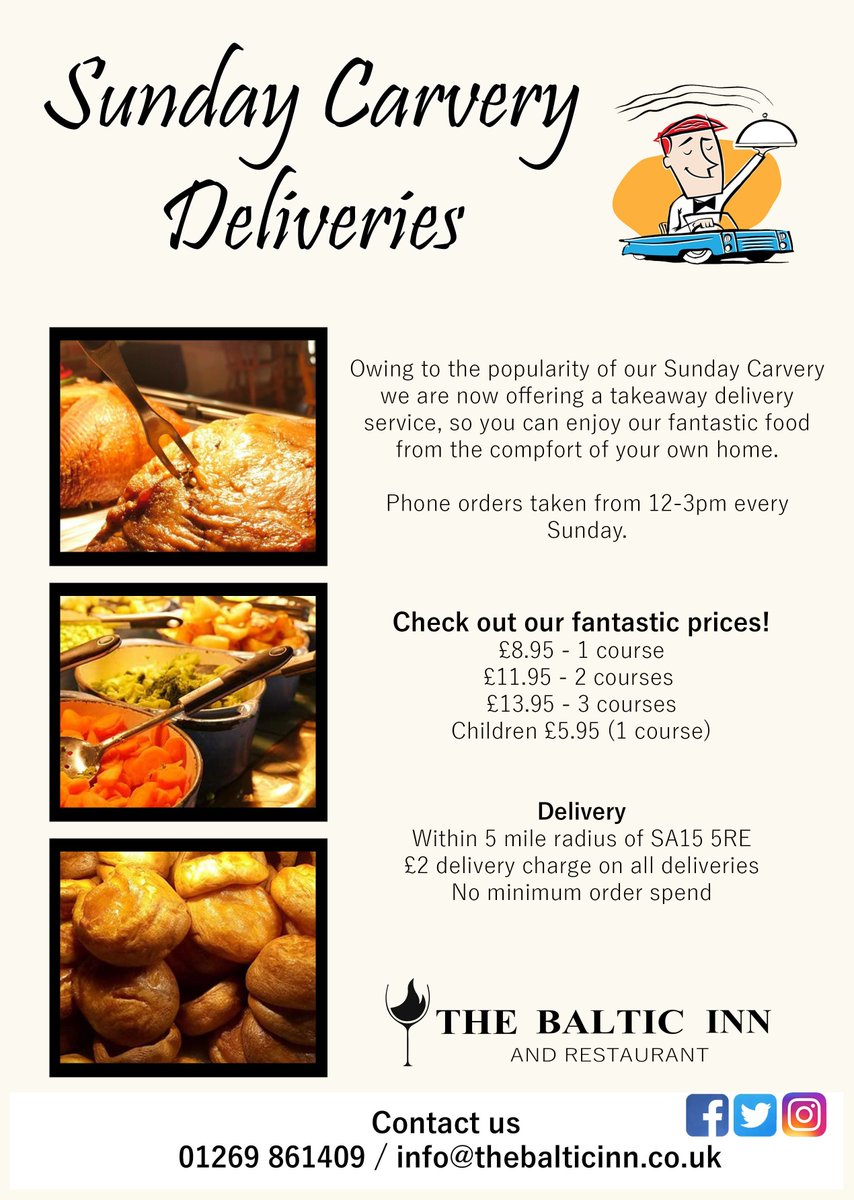 TheBalticInn's tweet photo. Owing to the popularity of our fantastic #SundayCarvery, we are now offering #takeaway carvery - delivered!
Enjoy a #RoastDinner from #TheBalticInn without leaving the comfort of your own home. Available between 12-3pm every #Sunday.
Deliveries within a 5 mile radius. £2/delivery https://t.co/TX5azCMleA