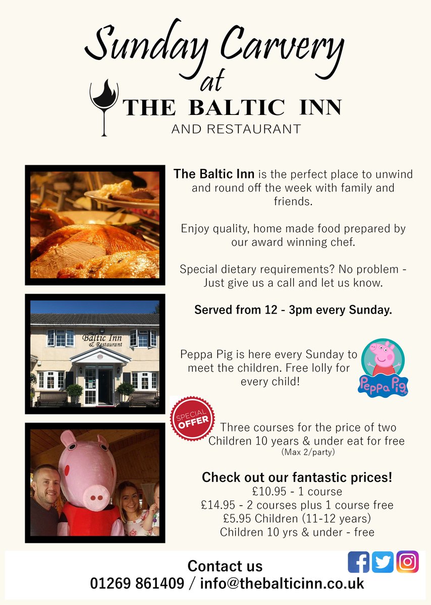 TheBalticInn's tweet photo. Owing to the popularity of our fantastic #SundayCarvery, we are now offering #takeaway carvery - delivered!
Enjoy a #RoastDinner from #TheBalticInn without leaving the comfort of your own home. Available between 12-3pm every #Sunday.
Deliveries within a 5 mile radius. £2/delivery https://t.co/TX5azCMleA