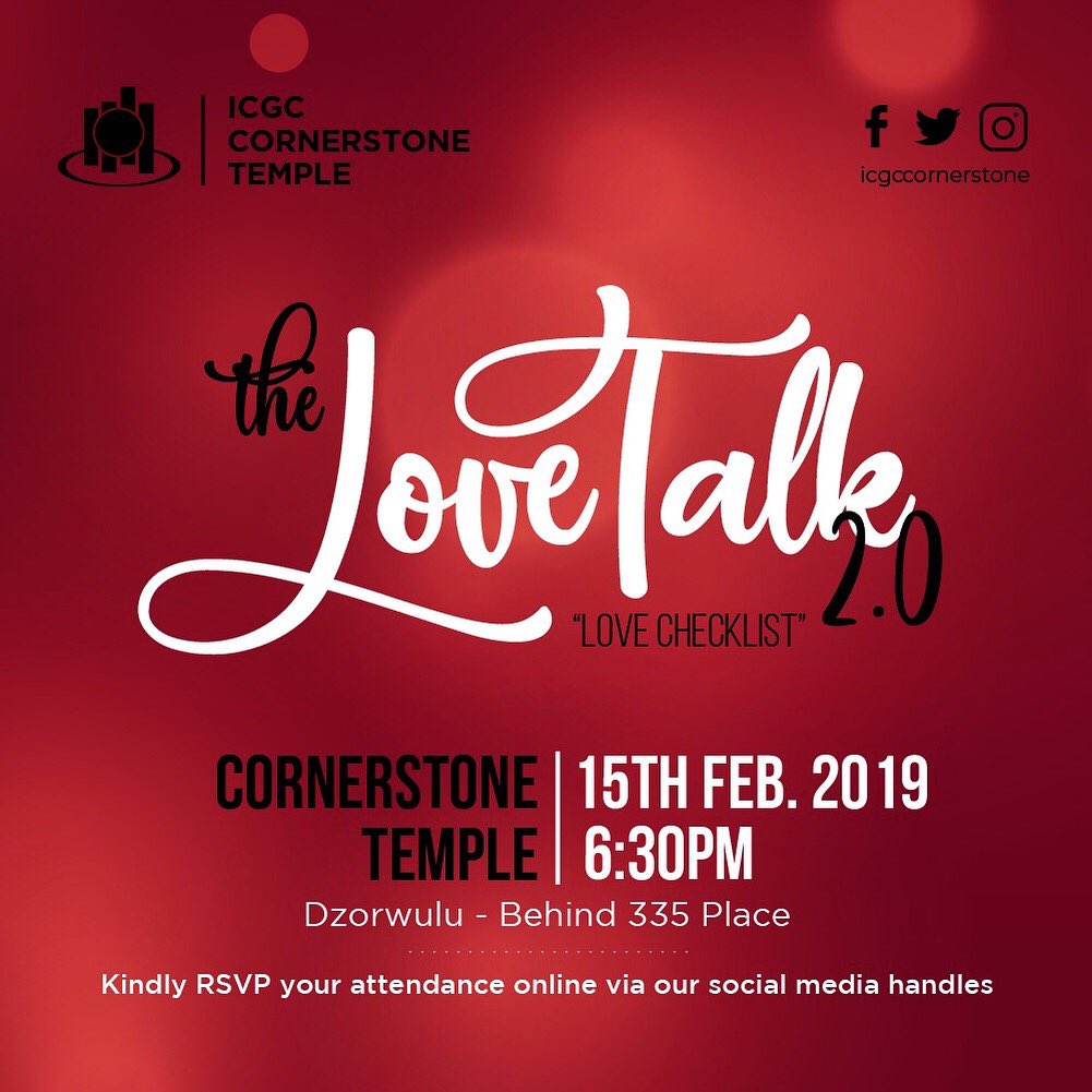 icgccornerstone's tweet photo. Let’s Talk About Love
It’s the 2.0 episode of our annual affair, join us on the 15th of February as we work on our Love Checklist, what we should know about love and how to handle our love relationships. It starts at 6:30pm sharp. #lovetalk #cornerstone #lovechecklist https://t.co/OcDOgHhF1P