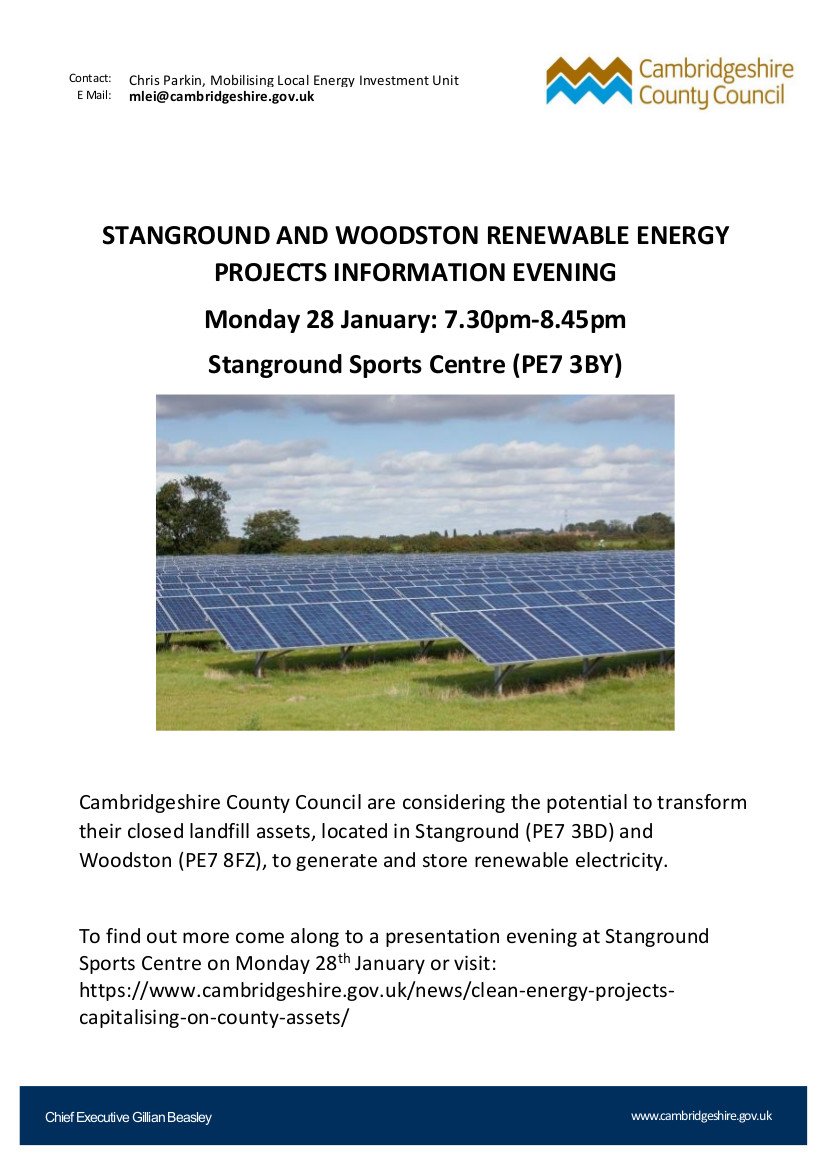 Do you live near Woodston or Stanground, Peterborough? We're embarking on two exciting energy projects to transform the unusable, closed landfill sites into energy generating &amp; storage sites. Meet the team at Stanground Sports Centre tonight 7.30pm-8.45pm ow.ly/wTua30nmPrM