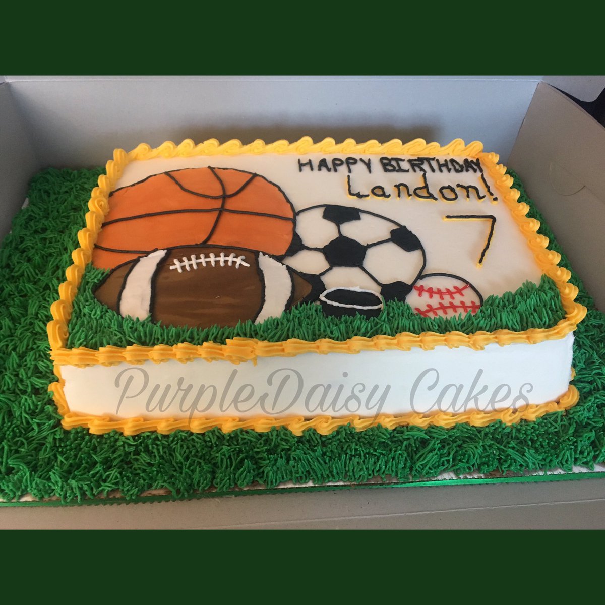 Sports themed, Peanut/tree nut free cake!
Vanilla cake with buttercream.
This was a fun cake to create!  Especially being I usually work in fondant! Cake board also covered in buttercream “grass” to go along with theme!
#purpledaisycakes #sportstheme  #hodgsonmill #nutfreecake