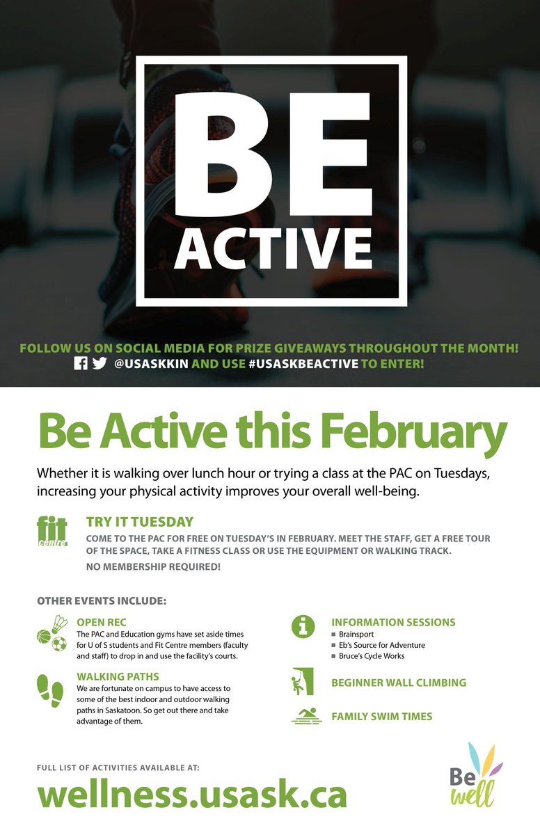 USaskKin's tweet photo. February is Be Active Month! We have a full line up of activities for you to be active and Tuesday's are FREE for everyone! Saskatoon and campus community, this is a great opportunity to come by the PAC and see all that we have to offer! #usask #usaskbeactive https://t.co/HwGeldPqp4