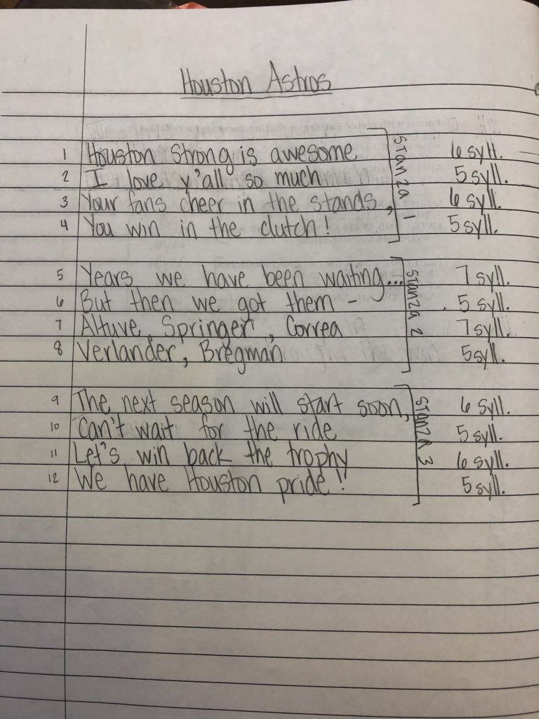 We are in the middle of our Poetry Unit 📝 Today I taught meter and wrote my poem about my favorite topic ⚾️ @astros #greatnesswithin #htownpride #teachthemright #iteachthird #meter #countingsyllables