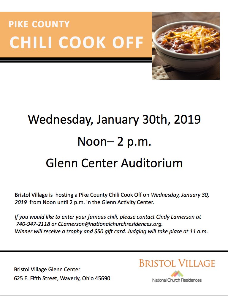 LivingAtBristol's tweet photo. The Pike County Chili Cook-Off is this Wednesday! Be sure to enter your famous chili by contacting Cindy Lamerson at 740-947-2118 or CLamerson@nationalchurchresidences.org! https://t.co/LikgDNK6DI