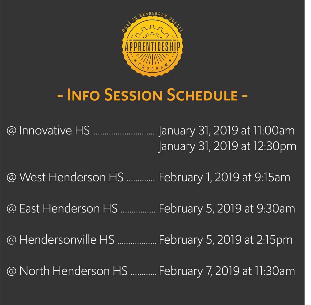 Information sessions are being held at the high schools to educate more on the  #MadeinHendersonCounty Manufacturing Apprenticeship, make sure any students you know who might be interested attend! <a href="/BlueRidgeCC/">Blue Ridge Community College</a> <a href="/HCPSNC/">Henderson County Public Schools</a>