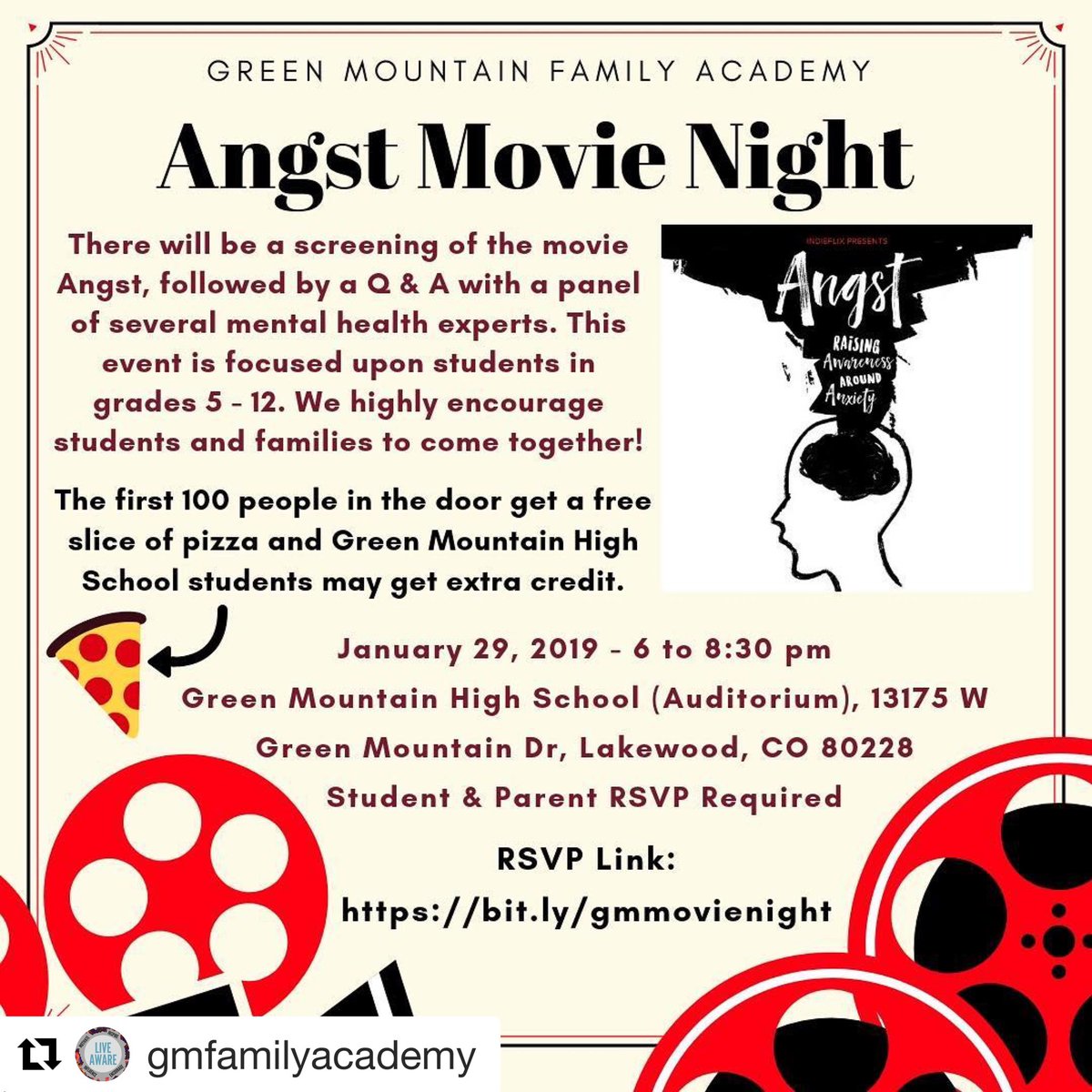 Join us tomorrow night for a screening of the movie Angst followed by a Q&amp;A with a panel of Mental Health Experts! Tuesday 1/29/19 at 6pm in the auditorium. #RamNation <a href="/JeffcoSchoolsCo/">Jeffco Public Schools</a>