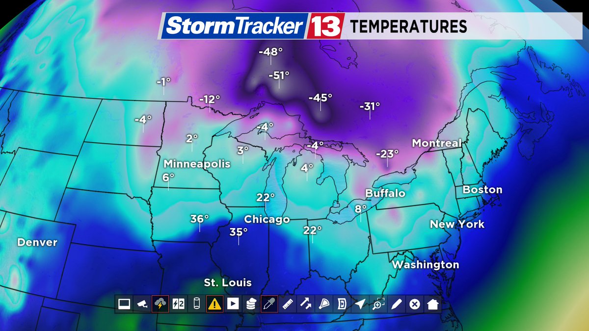 MaureenMcCann13's tweet photo. Wow, that is cold. Actual air temps as plotted on #StormTracker13: https://t.co/TeGHE5oBg6