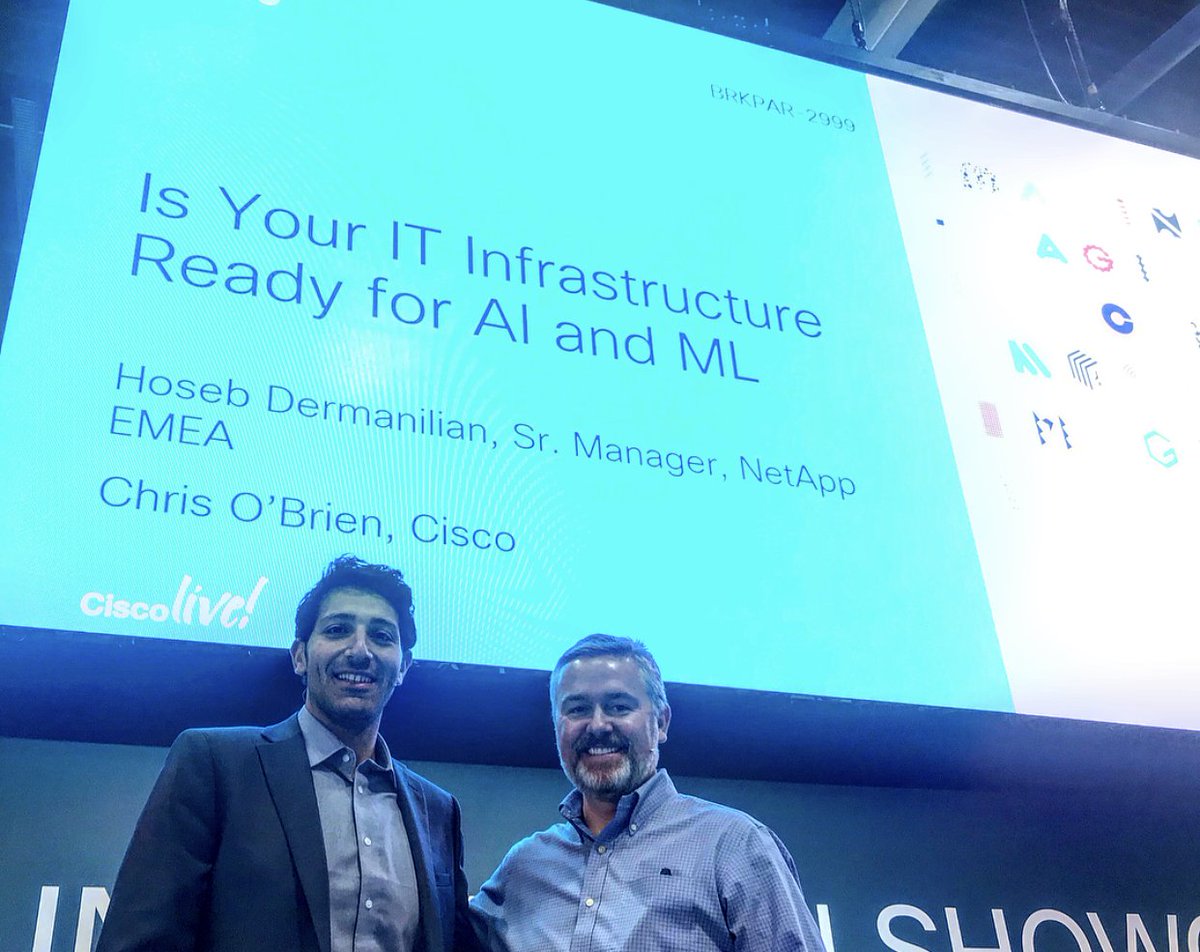 It's a <a href="/Cisco/">Cisco</a> <a href="/NetApp/">NetApp</a> dream team!! 😍😍 <a href="/HosebDM/">Hoseb Dermanilian</a> and @COBrienBris talk IT infrastructure, AI and ML at the Innovation Showcase Theatre!  #DataDriven #CLEUR