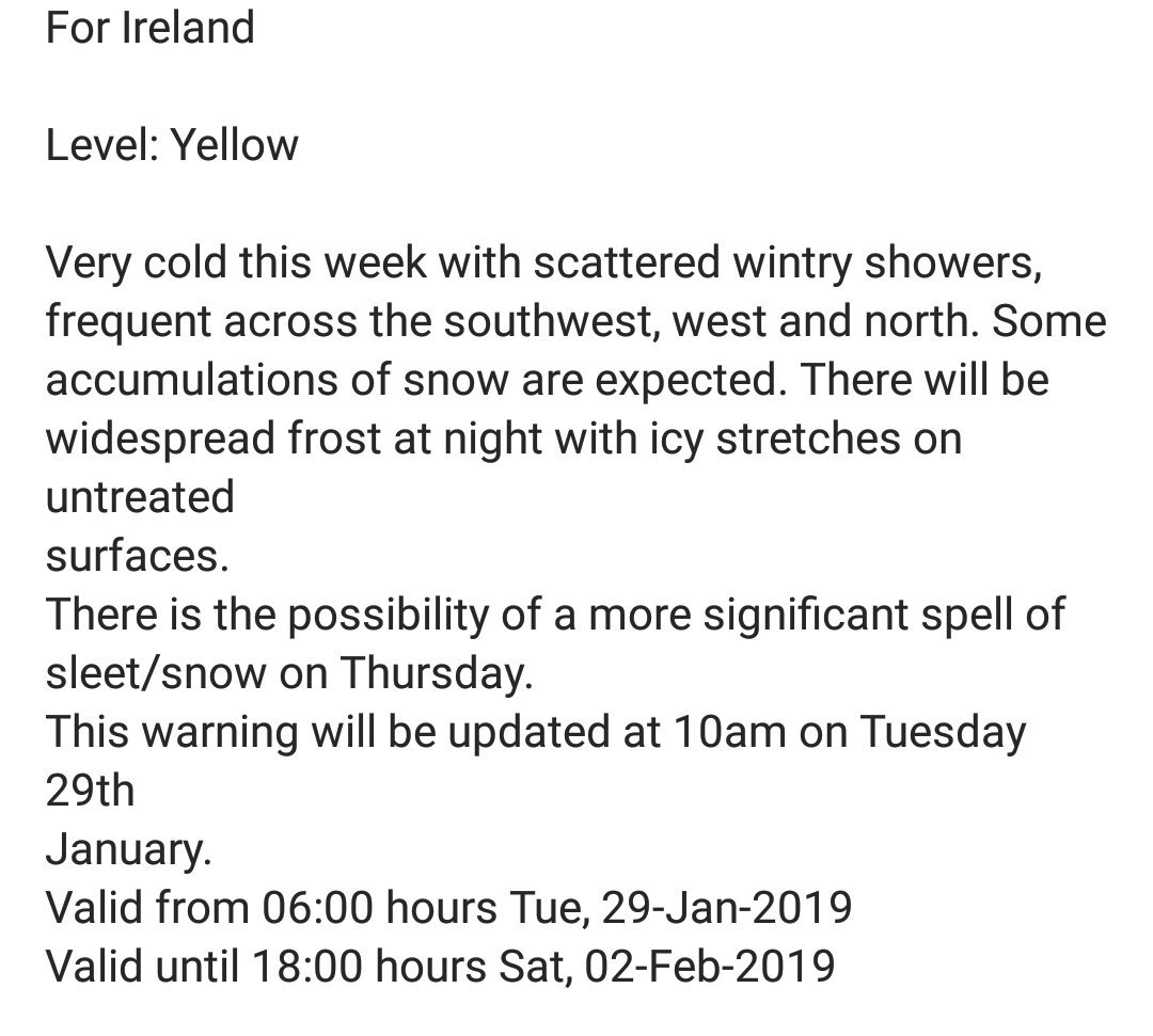 Weather Alert

The following Warning has been issued by Met Éireann at 09:00 hours Monday,
28-Jan-2019