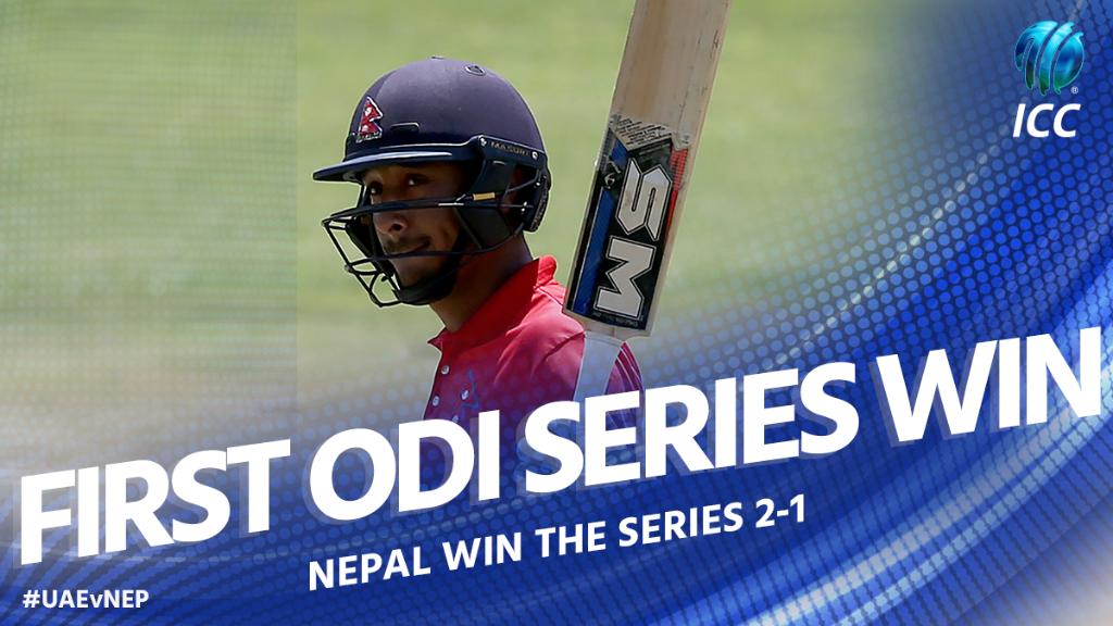 Nepal claim their maiden ODI series victory! 🇳🇵

A brilliant 115 from captain <a href="/paras77/">Paras Khadka</a> leads the chase as the UAE's 254/6 is overhauled with 32 balls remaining. Nepal win the third ODI by 4 wickets to take the series 2-1!

#UAEvNEP scorecard 👇
bit.ly/UAEvNep3Score