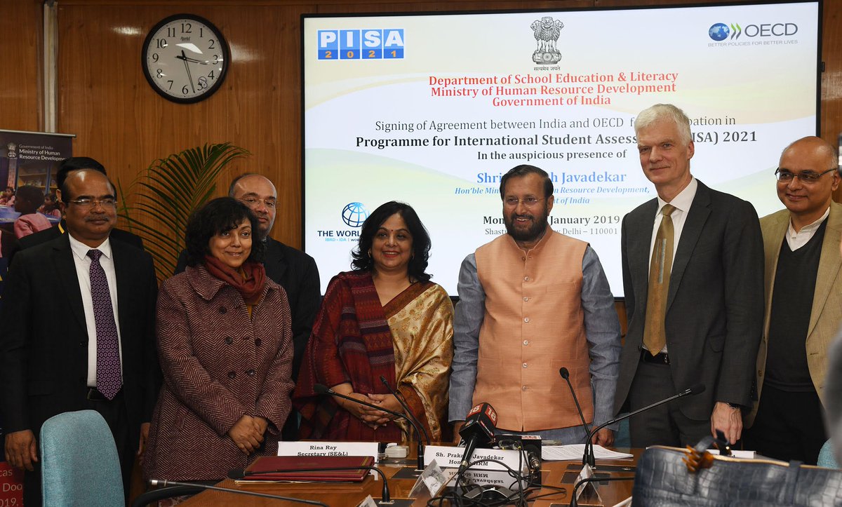 EduMinOfIndia's tweet photo. India to participate in OECD's program for International Student Assessment (PISA) in 2021. An agreement was signed today between @HRDMinistry and @OECD.

@PMOIndia @PrakashJavdekar @mangarg2002 @OECD @SchleicherOECD @JUNAIDWBG @WorldBankIndia @ncert @ciet_ncert @PIB_India https://t.co/CBdEdtvb6f