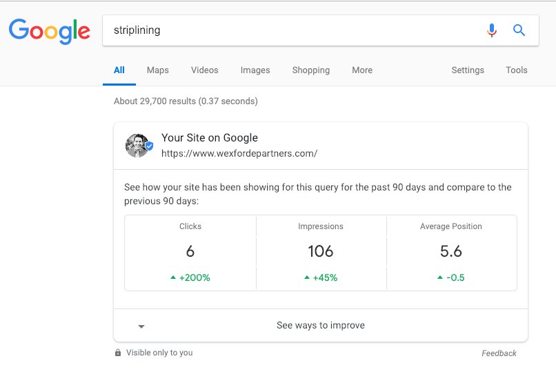 WexfordPartners's tweet photo. Neat #Google feature: displays search result information for keywords that your site ranks. 

#Search #Ranking #Marketing #SmallBusiness #Entrepreneur https://t.co/ji3BeOPBpV