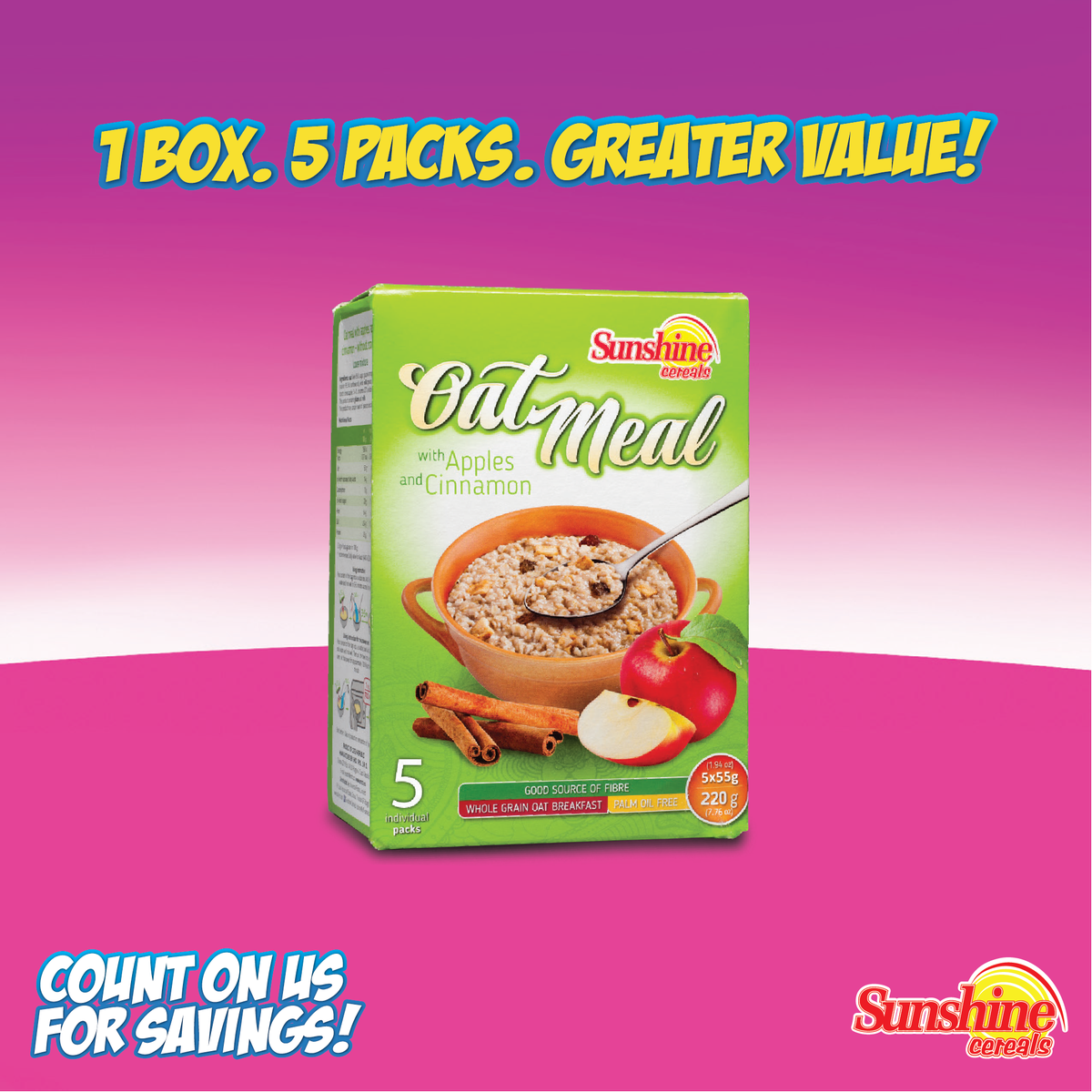 SunshineCereals's tweet photo. 1 Box, 5 Packs, Greater Value! Can't get enough of our Apples and Cinnamon Oatmeal? For only $1.00 more get 5 packs instead of 4 in our NEW 5 Pack Oatmeal box! #CountOnUs #SunshineCereals https://t.co/bFnAOj97sM
