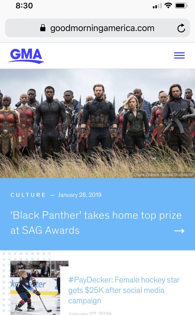 HarrisConsociat's tweet photo. .@GMA .@SAGawards .@theblackpanther THE movie of the year encompassing everything we need makes history; GMA shows The Avengers. Hhmmm! 🤔🙄 Not able to get Black Panther still?! Congrats cast, crew, director, writers, everyone involved for gift of BP! 🥰 #SAGAwards #RyanCoogler https://t.co/iAXolAuCi6