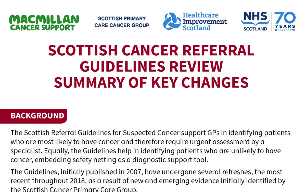 Updated Scottish cancer referral guidelines published last week Key changes including unexplained thrombocytosis as a strong risk marker for cancer: cancer incidence 11.6% males 6.2% in females Associated cancers are LEGO-C cancers (lung, endometrium, gastric, oeso &amp; colorectal)
