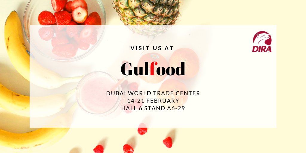 Want to try our newest DIRA smoothie recipes? 
Come find us at Gulfood in the Dubai World Trade Center from 14 until 21 February! 
Located at hall 6 stand A6-29 🍍