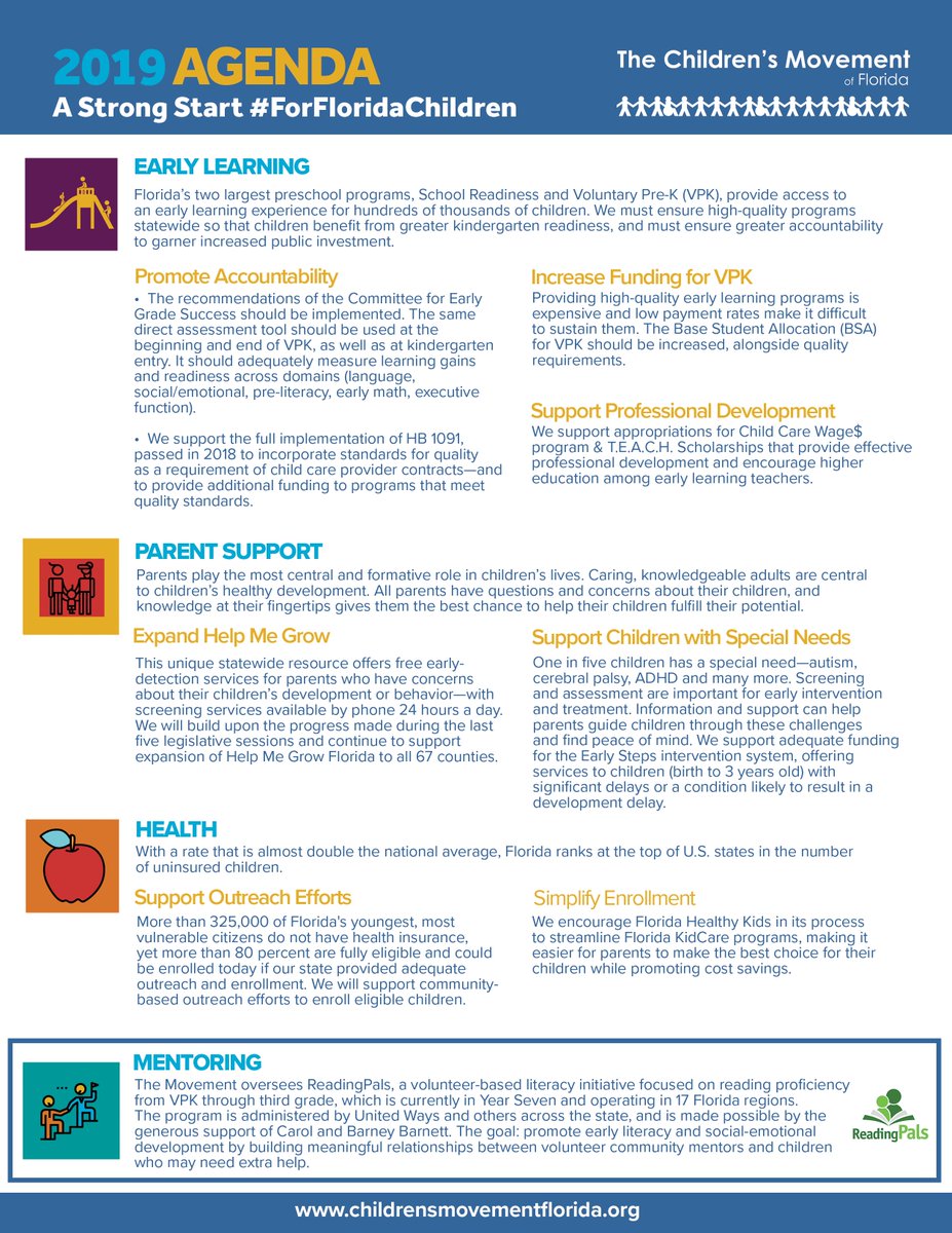 We are excited to share our 2019 agenda with you! If you follow this link: childrensmovementflorida.org/our-priorities… you can learn more about the initiatives we are advocating for this year #ForFloridaChildren. <a href="/HelpMeGrow/">liz lake</a> @FloridaKidCare @FloridaHealthyKids #FloridaVPK
