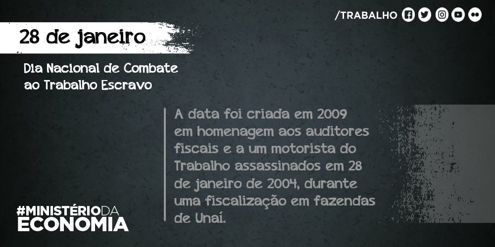 ⚠ Hoje é celebrado o Dia Nacional de Combate ao #TrabalhoEscravo, uma forte bandeira da Secretaria Especial de Previdência e Trabalho. A data foi criada em 2009, em homenagem aos auditores fiscais do Trabalho e a um motorista, assassinados durante uma fiscalização em fazendas.