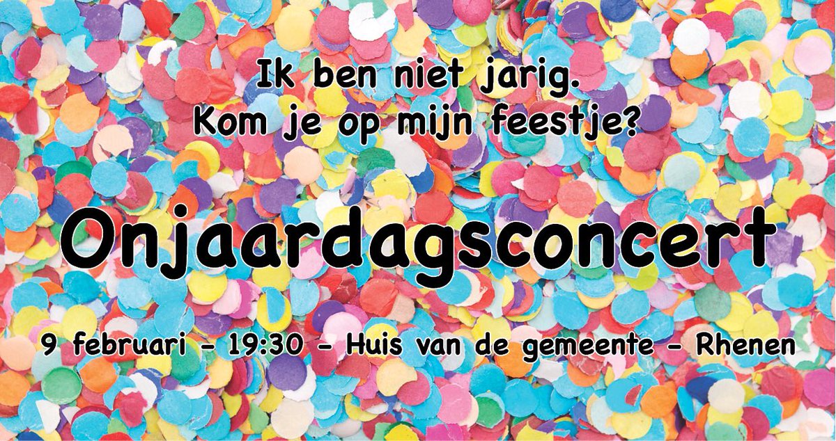 De muzikanten van Music4fun hebben dit feestconcert met dirigent Bert Groothedde voorbereid. Za 9/2 is het Gemeentehuis omgetoverd tot een feestzaal. Maar hoe vier je je onjaardag? Als je om 19:25 bij de feestzaal bent ga je het meemaken. We verklappen nog niets.
