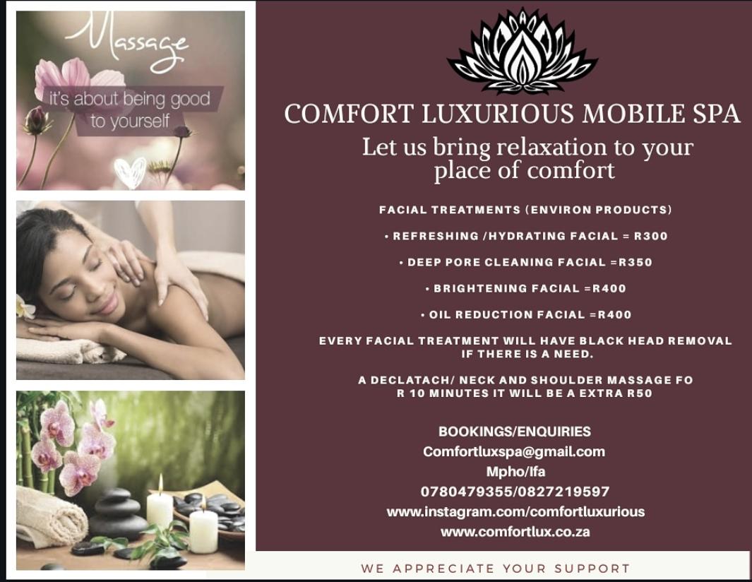 Comfortluxspa's tweet photo. Craving a spa day, but too lazy to drive yourself there?

We can COME TO YOU. Two birds with one stone, right?

We offer the following services

#GirlTalkZA #SupportBlackBusiness #MobileSpa https://t.co/opp0jLp8ey
