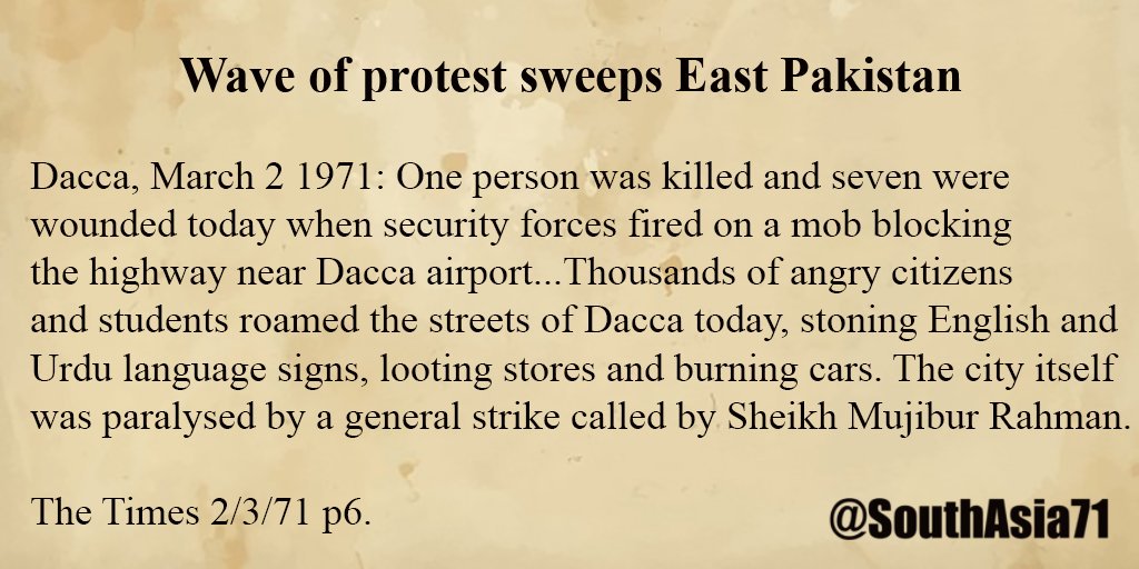 SouthAsia71's tweet photo. March 2 1971: Anger and disorder in Dacca after Mujib called a Hartal in protest Yahya's postponement of the National Assembly https://t.co/p9qDRCXM5T