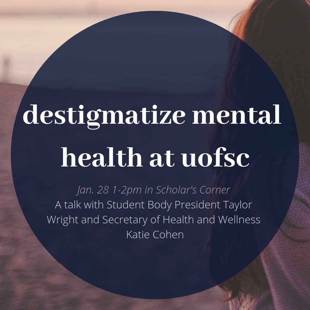UofSClibraries's tweet image. Today! We&apos;re hosting a free mental health awareness talk with Student Body  President Taylor Wright and Secretary for Health and Wellness Katie Cohen. 
Open to all!

1pm-2pm in Scholars Corner, Thomas Cooper Library, #yourtcoop
