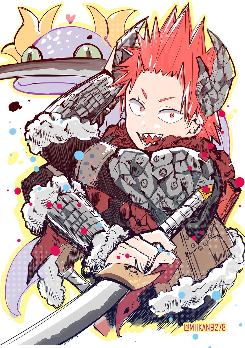 holding weapon spiked hair 1boy male focus red hair sharp teeth  illustration images