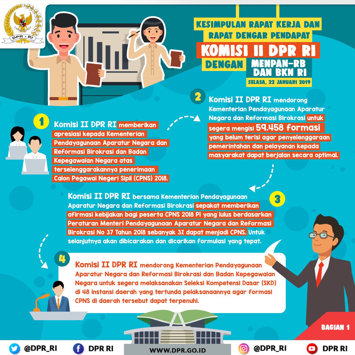 DPR_RI's tweet photo. [ INFOGRAGFIS I ] Kesimpulan Rapat Kerja Komisi II DPR RI dengan Menteri Pendayagunaan Aparatur Negara dan Reformasi Birokrasi dan RDP dengan Kepala Badan Kepegawaian Negara, Selasa, 22 Januari 2019. #Komisi2 https://t.co/ZJBVIL0wiN