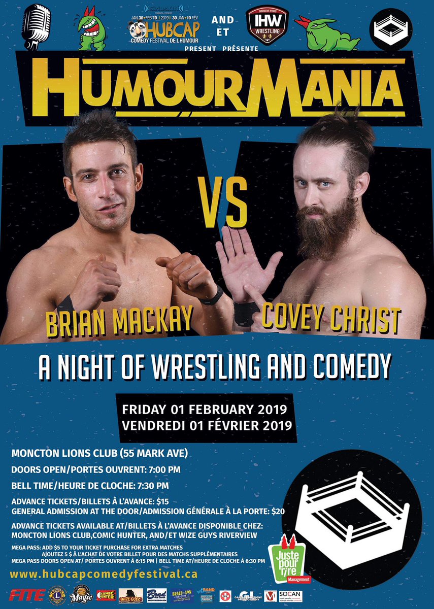 WrestlingIHW's tweet photo. Friday! What away to kick of Maritime Wrestling in 2019! #HumourMania is here and it is huge! Get your advance tickets now to save at the door. Mega Pass and Front Row doors open at 6 for an exclusive meet and greet with film star and Maritime Wrestling Legend, @Robert_Maillet! https://t.co/3r38OanLYI